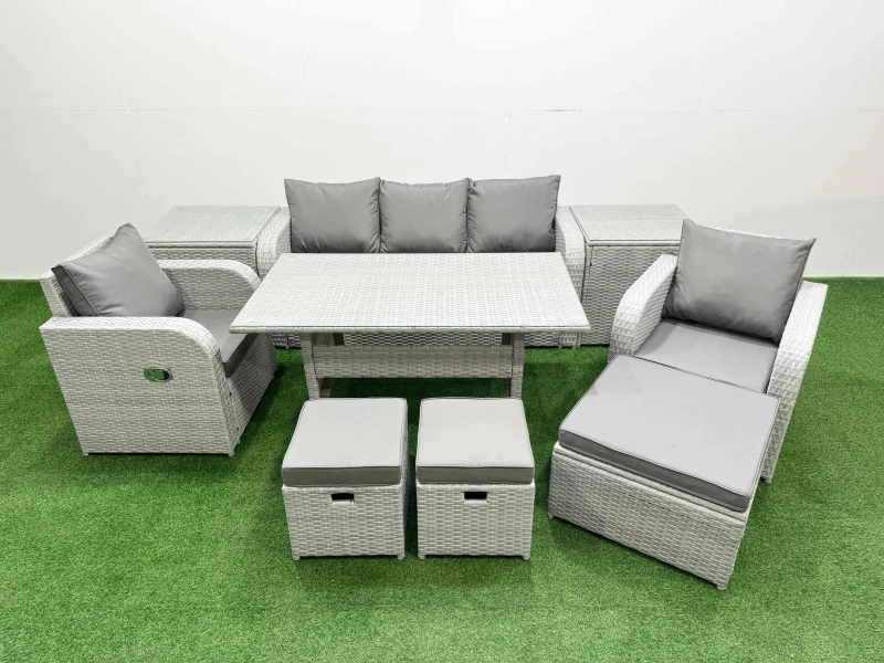 Image of Fimous PE Rattan Garden Furniture Set Reclining Chair Sofa Lounge Sofa Set Rectangular Dining Table 2 Side Table 3 Stools Light Grey Light Grey
