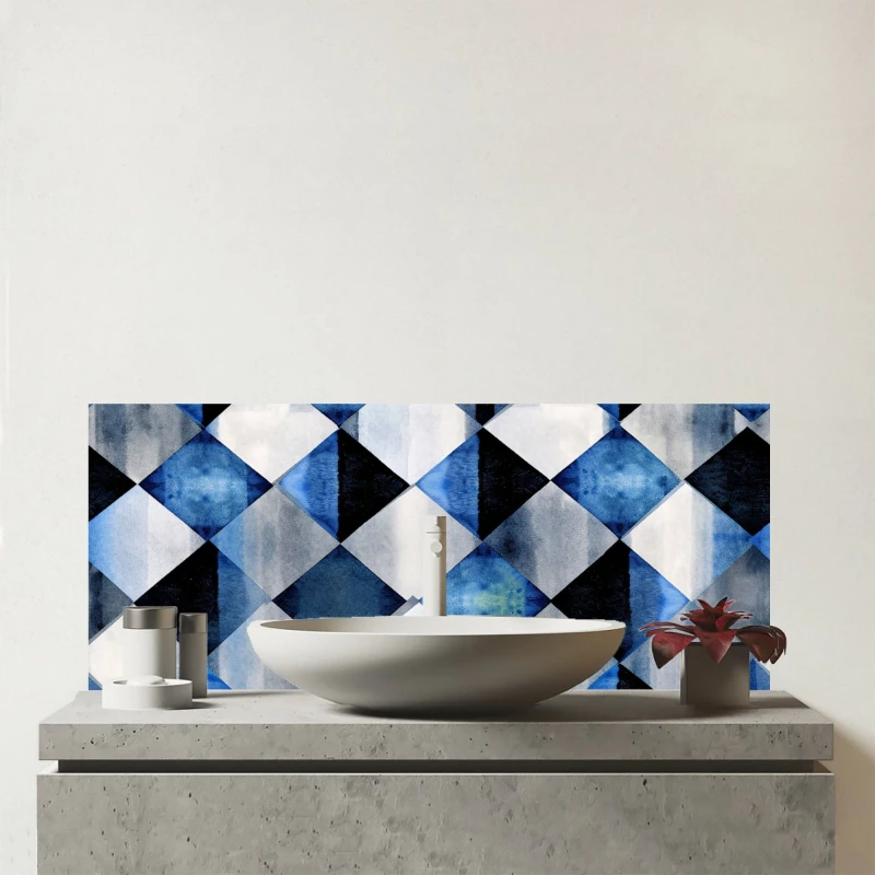 Image of Warren Reed - Designer Square Checkered Pattern Glass Bathroom Splashback in Blue Blue Unisex