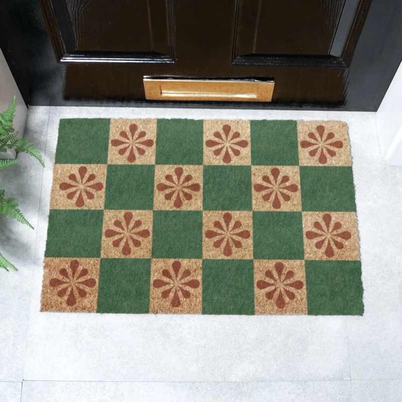Image of Artsy Mats Green Petal Checkerboard Doormat (60 X 40Cm), Brown 6040-GRNPETALCH