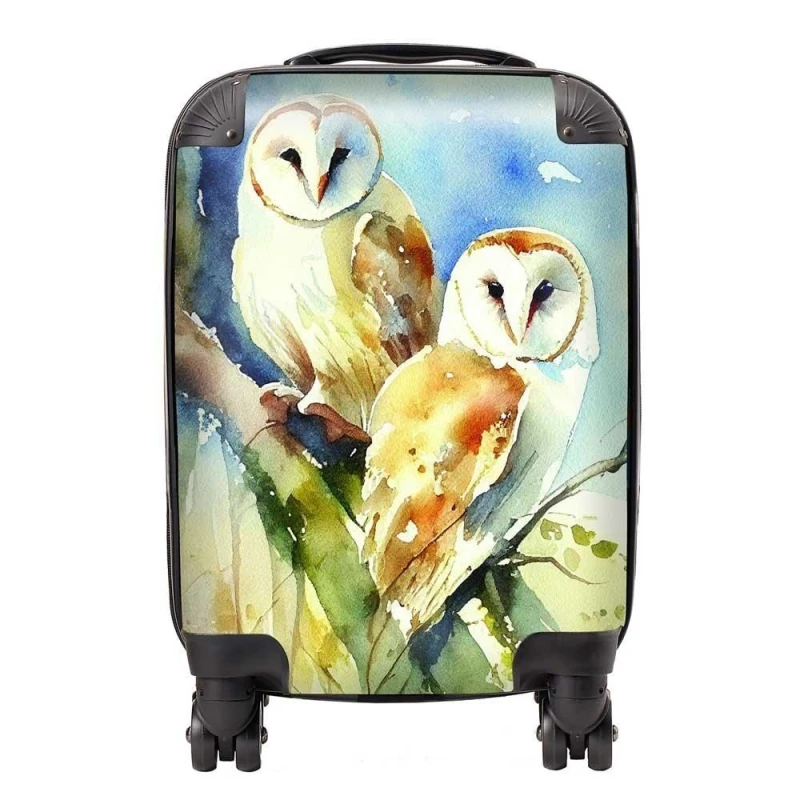 Image of Warren Reed - Designer Barn Owls Watercolour Suitcase in Brown Size: Small Brown Unisex Small