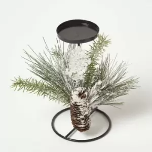 Image of Frosted Artificial Pine Branch Christmas Candle Holder - White & Green - White & Green - White & Green - Homescapes