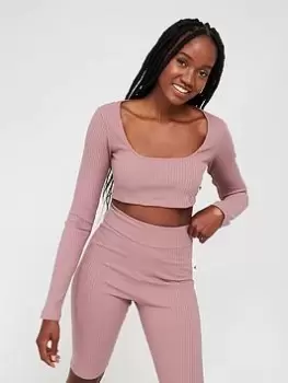 Image of adidas Studio Lounge Rib Crop Long Sleeve Top - Light Red, Light Red, Size L, Women