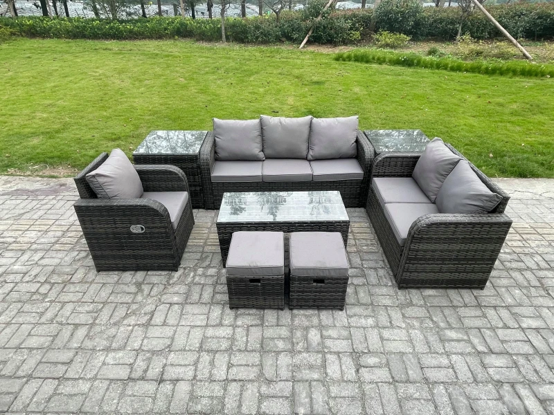 Image of Fimous High Back Rattan Garden Furniture Set with Loveseat Sofa Rectangular Coffee Table 2 Side Tables 2 Small Footstools Outdoor Patio Lounge Sofa Se