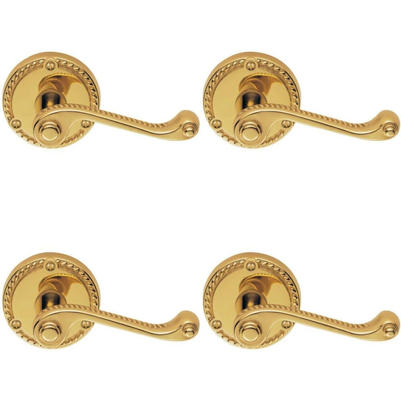 Image of Loops 4x PAIR Georgian Scroll Handle on Round Rose Rope Design Pattern Polished Brass Metallics