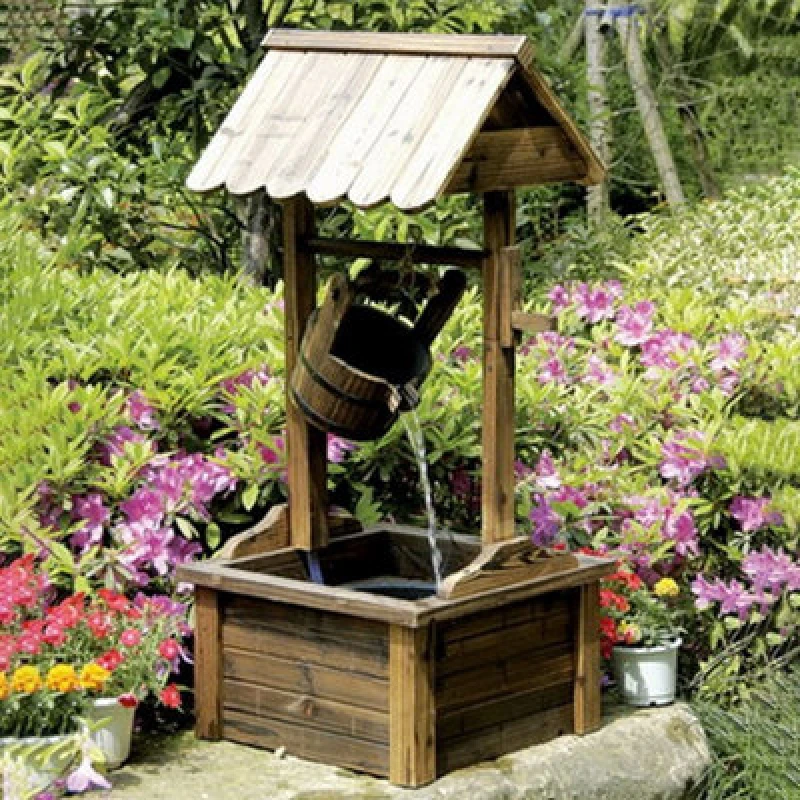 Image of Certikin Heissner Wooden Wishing Well Water Feature With Pump + Light 016596-00