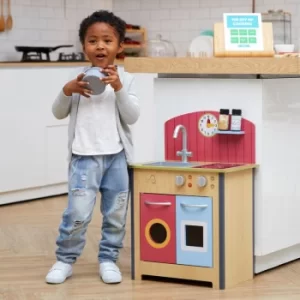 Image of Teamson Kids Little Chef Porto Classic Small Wooden Kitchen Playset with Interactive Features and 4 Pretend Play Cooking Accessories Red/Natural