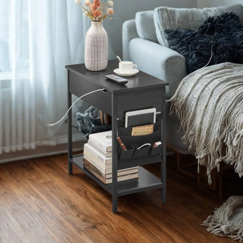 Image of Pirlo Plush Slim Smart Bedside End Table With Power & USB Outlets Black Unisex