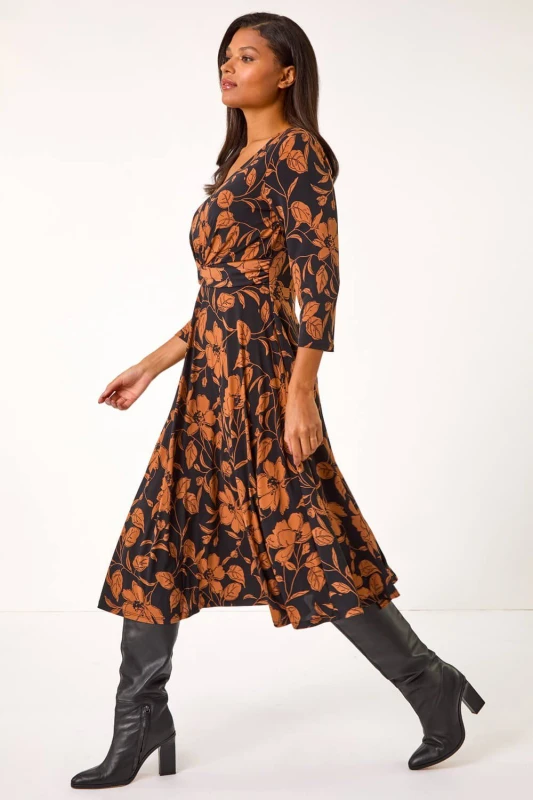 Image of Roman Womens Leaf Print Wrap Midi Dress in Tan Size: 16 Tan Female 16