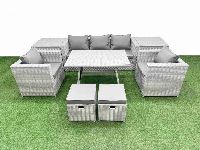 Image of Fimous 9 Pieces Outdoor PE Rattan Sofa Armchair Set with 2 Side Tables in Light Grey Light Grey Unisex