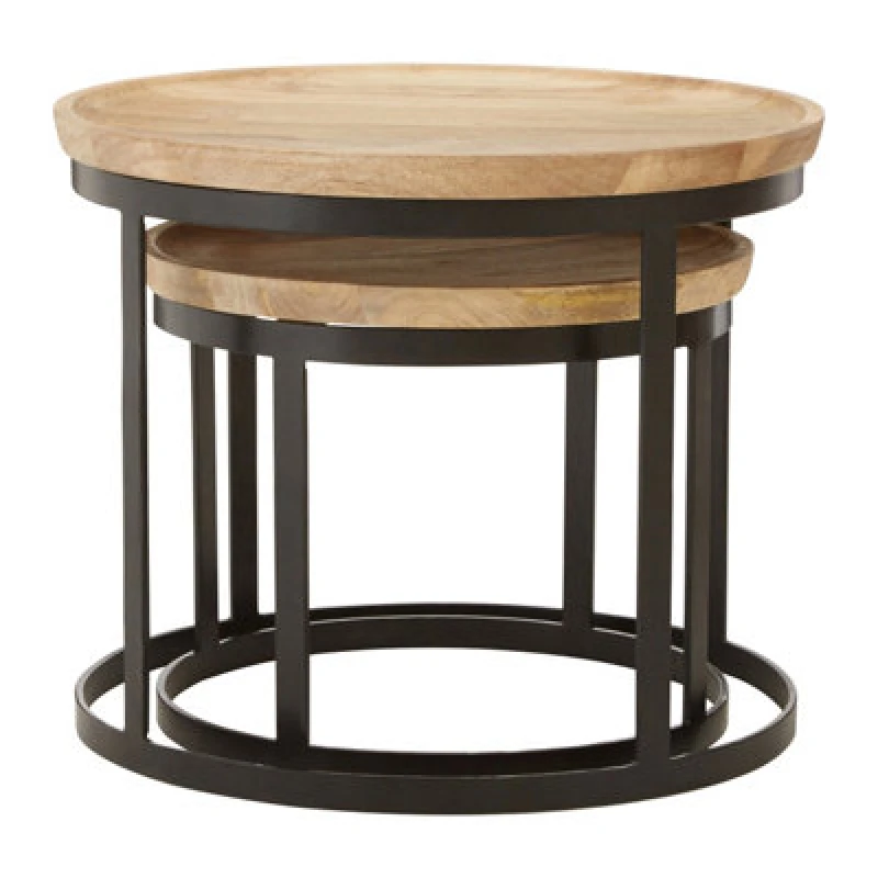 Image of Orsina Set Of Two Mango Wood Nesting Tables, Industrial Round Wooden Tables For Living Room, Space-Saving Tables