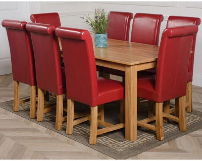 Image of Thats Furniture Oslo 180 x 90cm Large Oak Dining Table & 8 Washington Leather Chairs in Red Red Unisex 180 x 90 cm