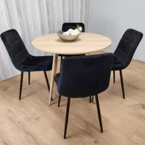 Image of Round Oak Effect Kitchen Dining Table With 4 Black Velvet Tufted Chairs Dining Set