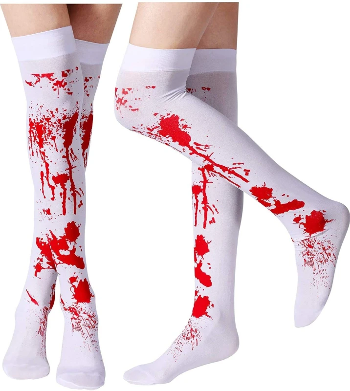 Image of Shatchi Scary Blood-Stained Halloween Stockings - Over Knee Zombie Festival Socks White unisex