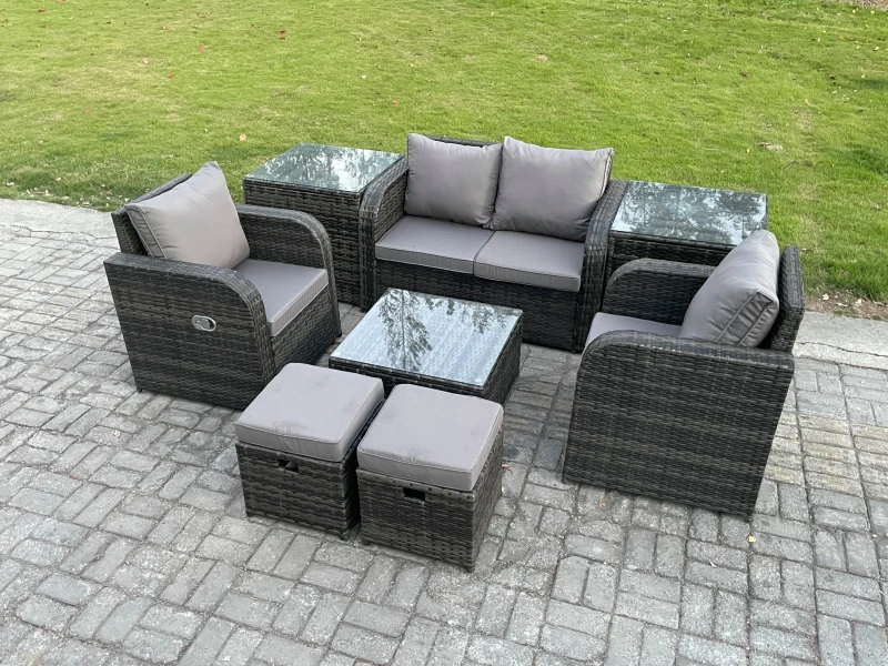 Image of Fimous Rattan Garden Furniture Set Patio Conservatory Indoor Outdoor 8 Piece Set with Love Sofa Square Coffee Table Dark Grey unisex