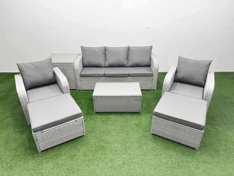 Image of Fimous PE Rattan Garden Furniture Set Reclining Chair Sofa Lounge Sofa Set Oblong Coffee Table Side Table 2 Big Footstool Light Grey Light Grey