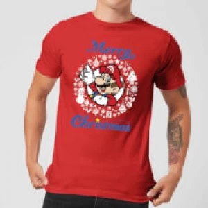 Image of Nintendo Super Mario Mario White Wreath Merry Christmas Red T-Shirt - M - Red