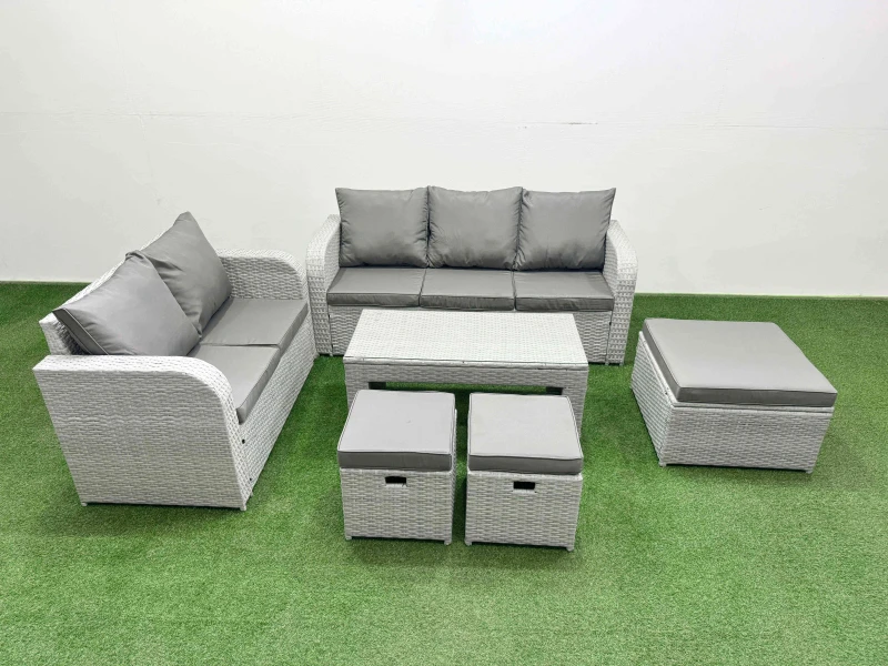 Image of Fimous 8 Seater PE Rattan Wicker Garden Furniture Patio Conservatory Sofa Set with Oblong Coffee Table 3 Seater Sofa Love Sofa 3 Stool Light Grey