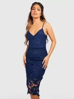 Image of Boohoo Boutique Crochet Lace Strappy Midi Dress - Navy, Blue, Size 12, Women
