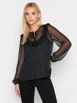 Image of PixieGirl Petite Lurex Frill Bib Blouse, Black, Size 14, Women
