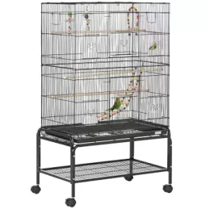 Image of PawHut Bird Cage with Stand, Toys, Wheels, for Canaries, Finches, Lovebirds, Parakeets, Budgie Cage with Accessories, Storage Shelf, Black