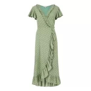 Image of Yumi Green Polka Dot Frill Wrap Dress - Green