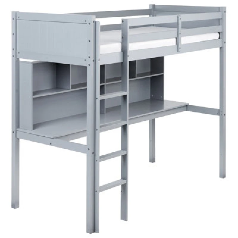 Image of Beliani High Sleeper Bed With Desk Pine Wood Foucamont 90 X 200 Cm (Eu Single) Grey