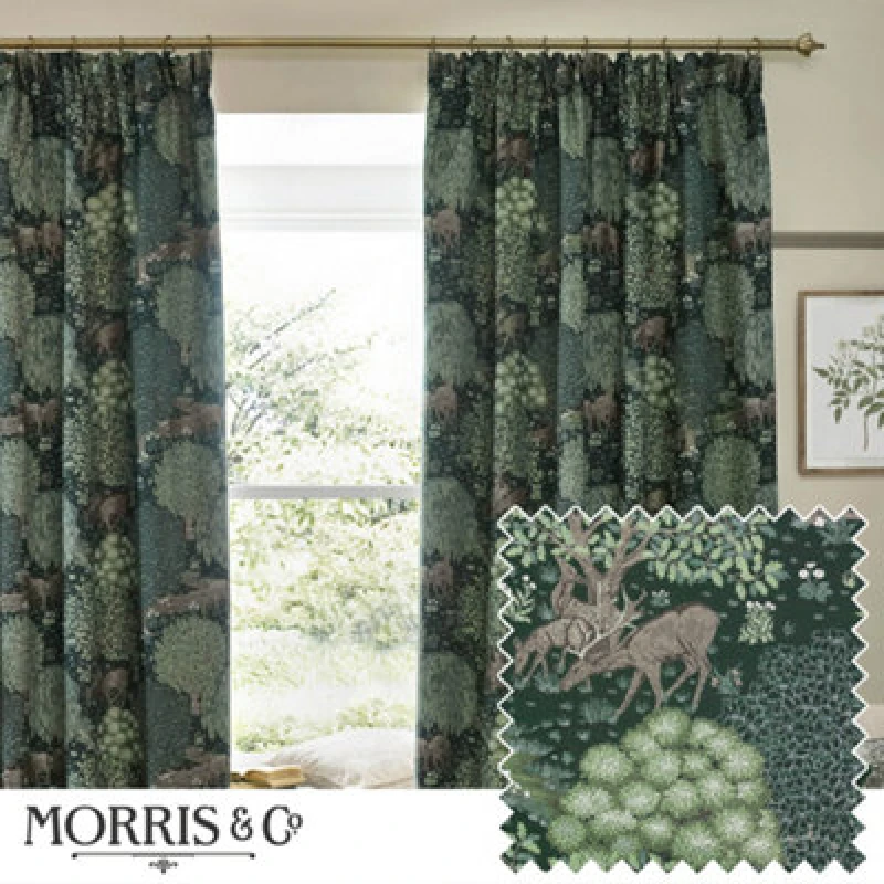 Image of Morris & Co Morris & Co Brook Woodland Jacquard Room Darkening Pencil Pleat Curtains in Green Size: 168cm width x 183cm drop Green 168cm width x 183