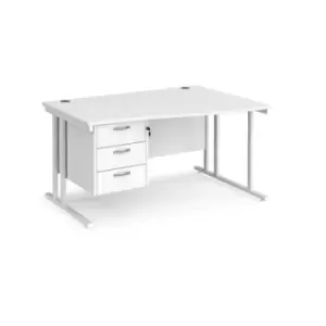 Image of Office Desk Right Hand Wave Desk 1400mm With Pedestal White Top With White Frame Maestro 25 MC14WRP3WHWH