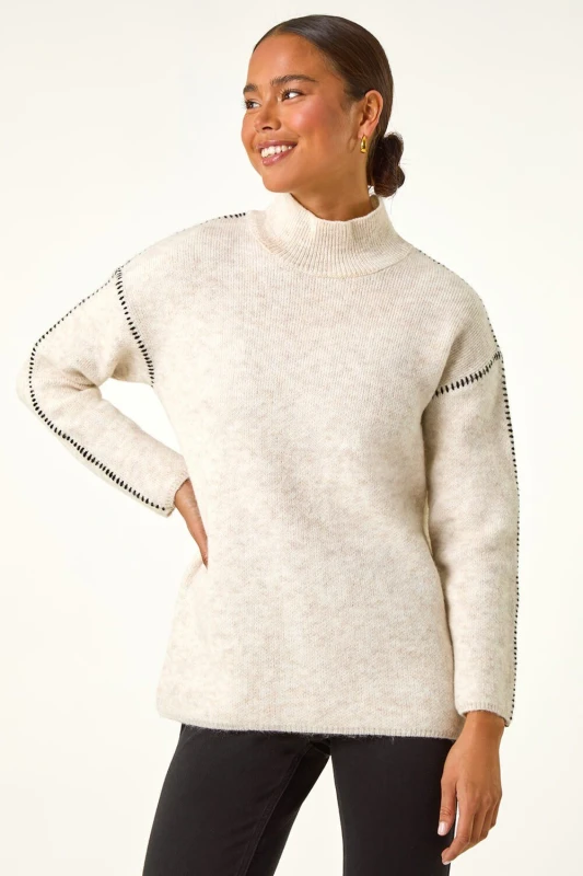 Image of Roman Womens Petite Contrast Stitch Knit Jumper in Natural Size: 16 Natural Female 16