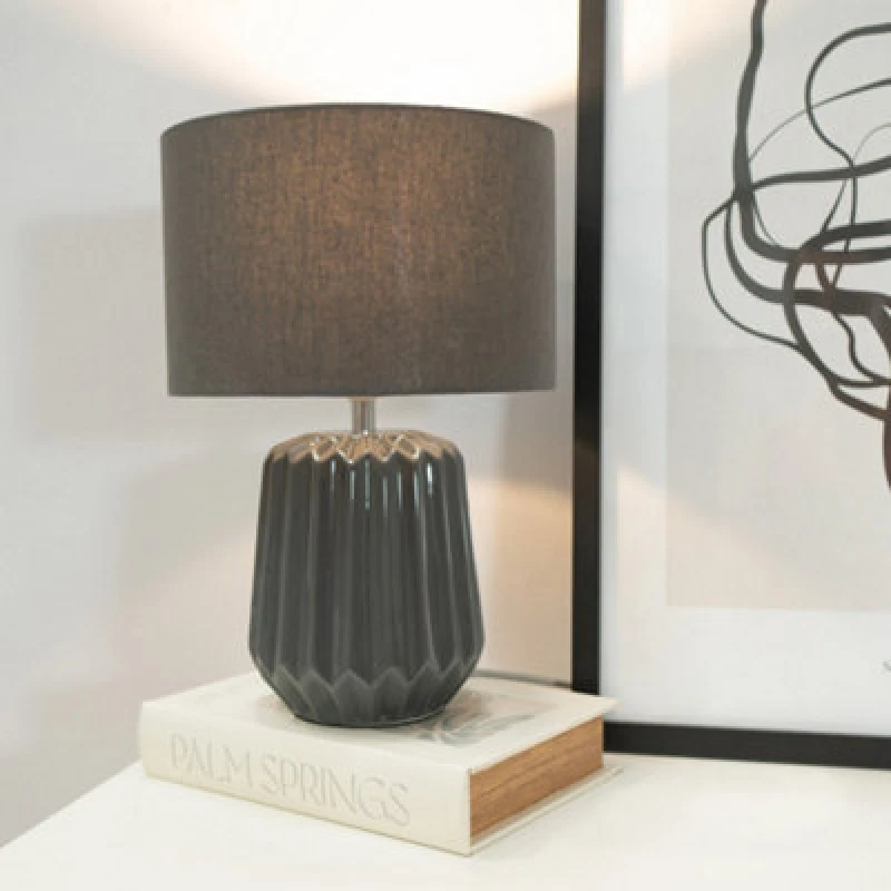 Image of ValueLights Zak Pleated Textured Ceramic Table Lamp with matching Fabric Lamp Shade Grey