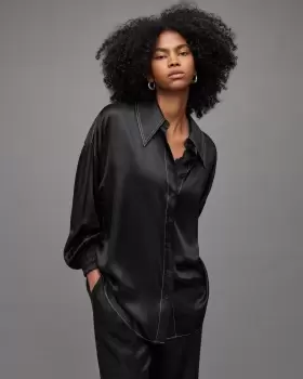 Image of AllSaints Womens Charli Silk Blend Shirt, Black, Size: 16