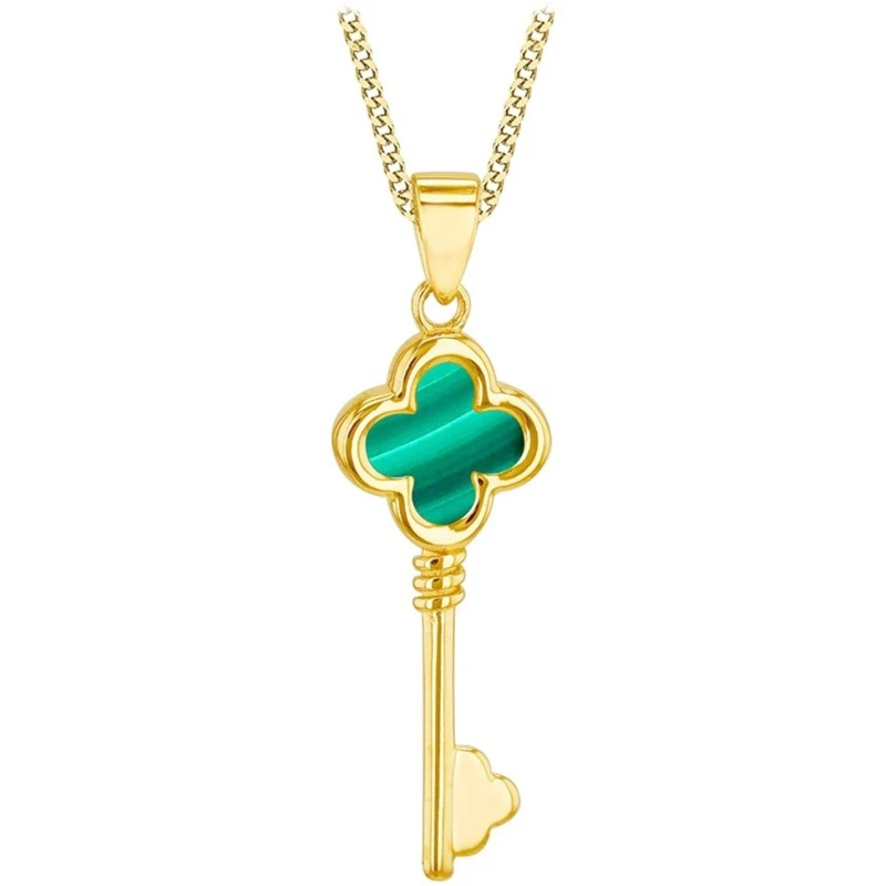 Image of Be You 9ct Gold Malachite Clover Key Necklace Yellow Gold female 18in
