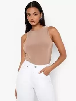 Image of Boohoo Double Layer Bodysuit - Camel, Brown, Size 14, Women
