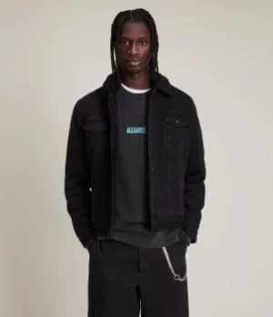 Image of AllSaints Mens Alder Denim Jacket, Black, Size: M