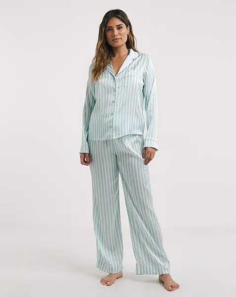Image of Boux Avenue Boux Avenue Stripe Long PJ Set Duck Egg Duck Egg Female 14 QV72903