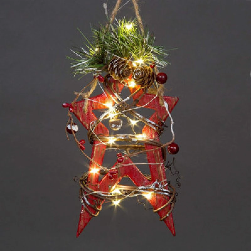 Image of Shatchi 20cm Red Wooden LED Star Hanging Ornament Christmas Holiday Home decor with 15 Warm white LEDs Red