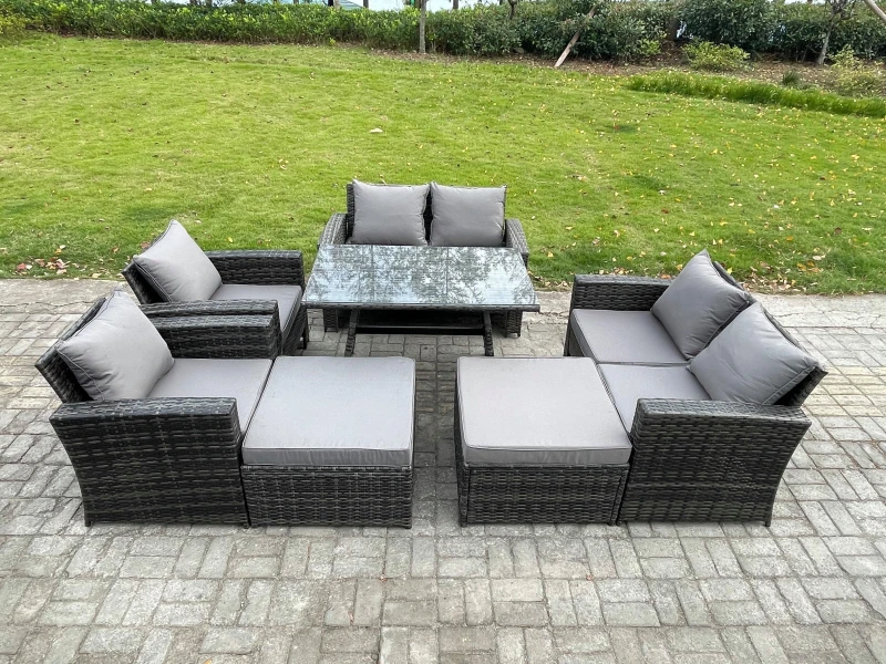 Image of Fimous 8 Seater Garden Dining Set Wicker PE Rattan Outdoor Furniture Sofa with Rectangular Dining Table Double Seat Sofa 2 Big Footstool Armchair Dark