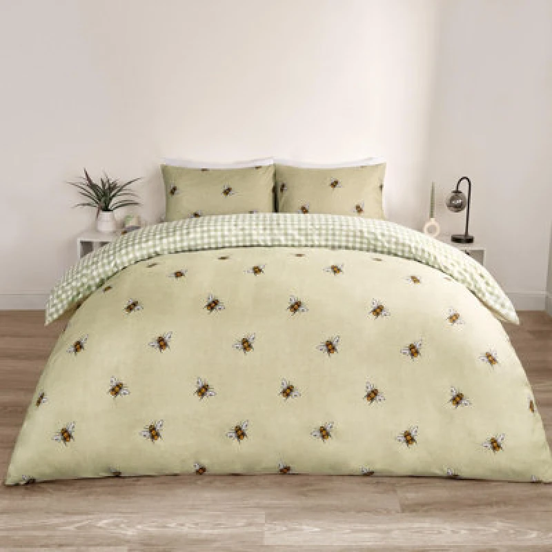 Image of OHS OHS Bee Striped Duvet Cover Reversible Bedding Set in Light Green Size: Double Light Green Double Unisex 5027434196050
