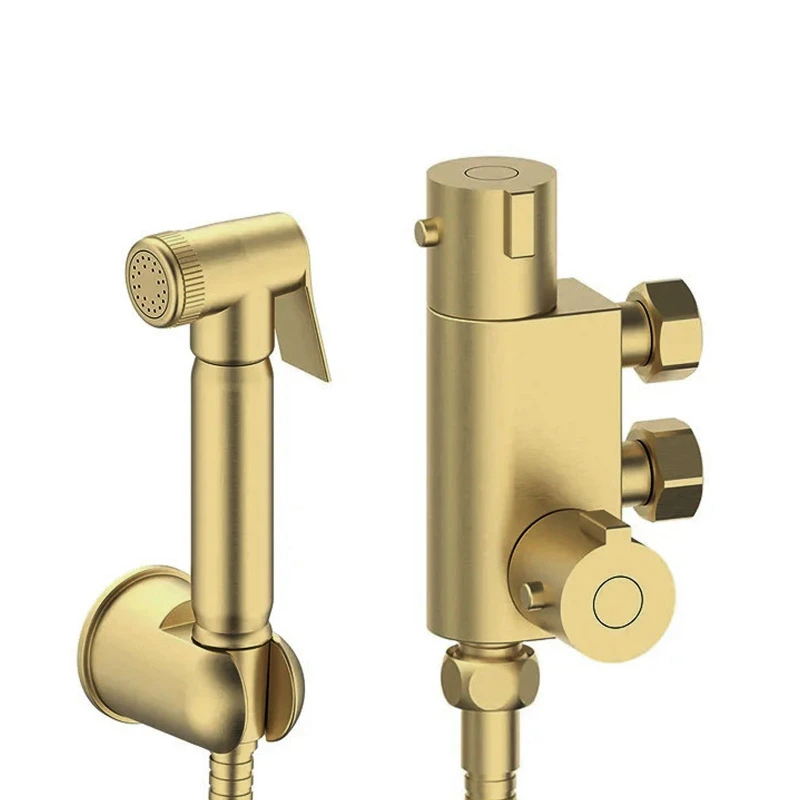 Image of Nes Home Brushed Brass Bidet Douche & Thermostatic Bar Valve with Spray Kit in Gold Gold Unisex