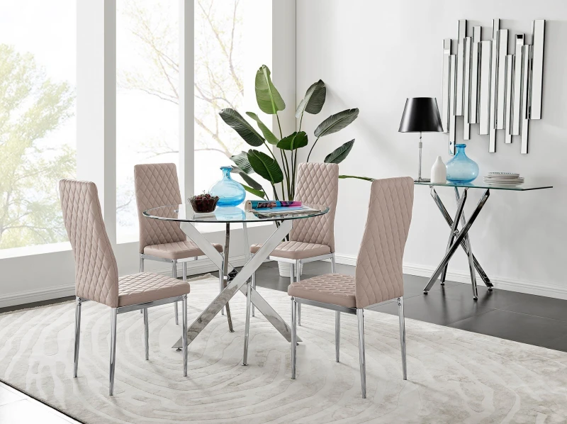 Image of FurnitureboxUK FurnitureboxUK Novara Clear Tempered Glass 100cm Round Dining Table with Chrome Starburst Legs & 4 Milan Faux Leather Chairs in Beige B