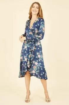 Image of Navy Long Sleeve Floral Print Satin Wrap Dress