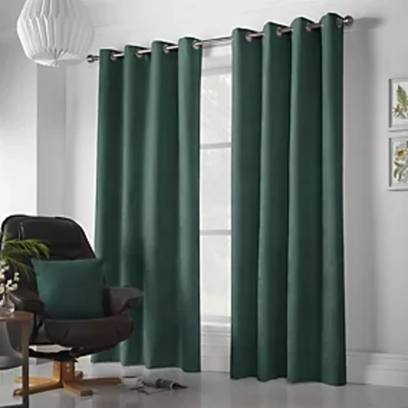 Image of Velvet Chenille Ready Made Eyelet Curtains Green
