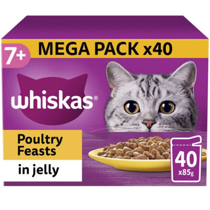 Image of 40 X 85G Whiskas 7+ Poultry Feasts Mixed Senior Wet Cat Food Pouches In Jelly