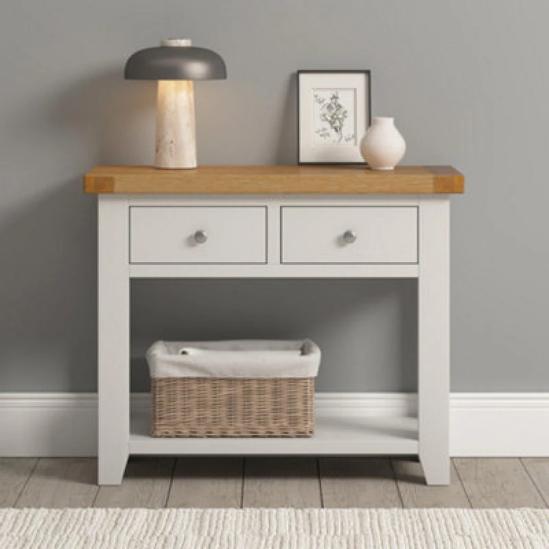 Image of Seconique Windsor 2 Drawer Console Table Ivory With Oak Top Fully Assembled Solid Wood Hall Table