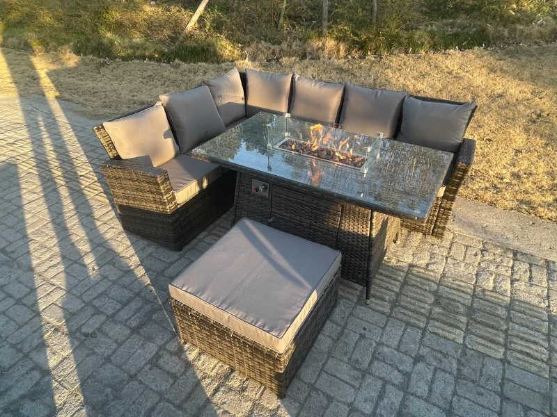 Image of Fimous High Back Rattan Garden Furniture Sets Gas Fire Pit Dining Table Left Corner Sofa Big Footstools 7 Seater Dark Grey