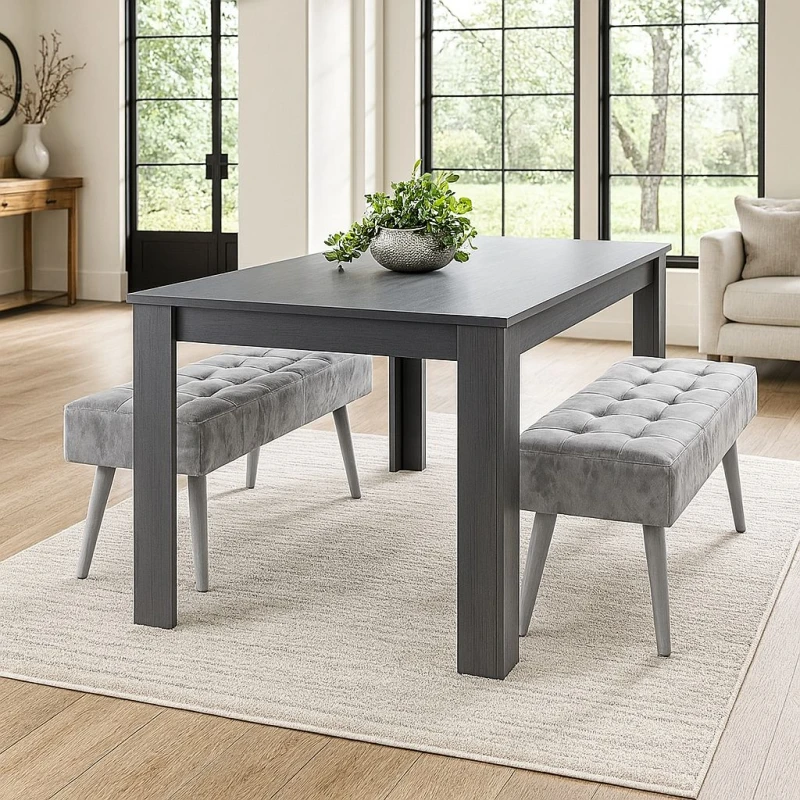 Image of Kosy Koala Dark Grey Wooden Dining Set with Velvet Chairs and 2 Benches, Stylish Arrow Design, Multi ARCHR140+2GRB