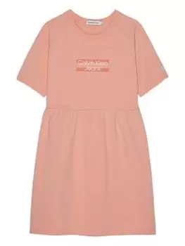 Image of Calvin Klein Jeans Girls Hero Logo Short Sleeve T-Shirt Dress - Fresh Cantaloupe, Light Orange, Size 12 Years, Women