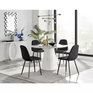 Image of Furniturebox Palma White Marble Effect 120cm Round Minimalist Dining Table & 4 Black Corona Faux Leather Dining Chairs with Black Legs Diamond Stitch