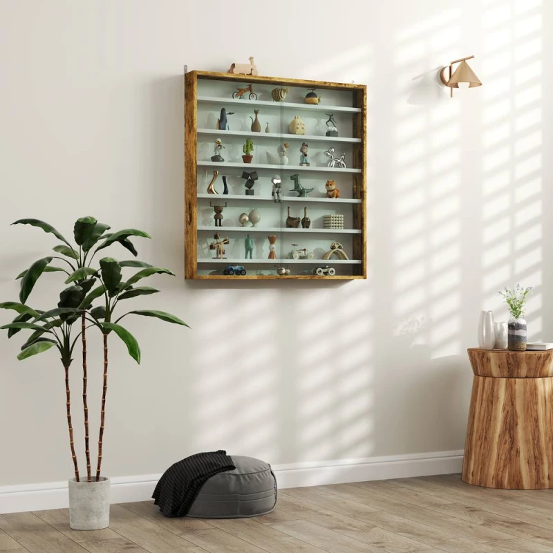 Image of HOMCOM 7-Tier Wall Display Cabinet w/ Adjustable Shelves Glass Doors in Brown Size: Large Brown Unisex Large