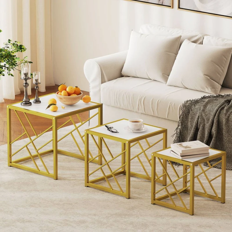 Image of HOMCOM Set of 3 Nesting Coffee Tables Square End Tables w/ Metal Frame White Multicolor Unisex